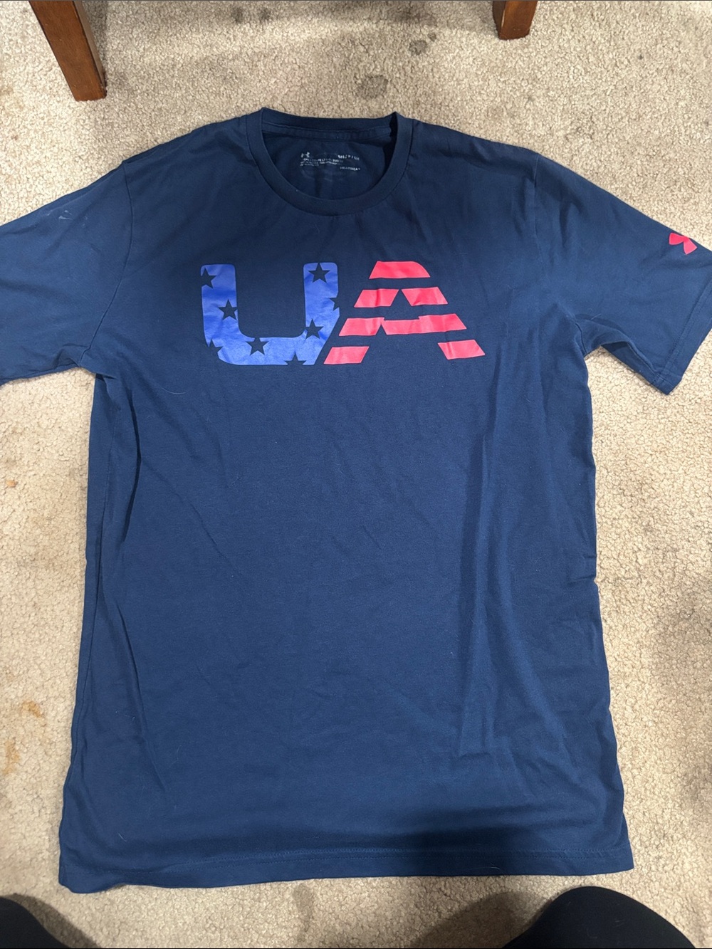 Under Armour Navy Short Sleeve Tee with Blue Star & Red Stripe UA Logo